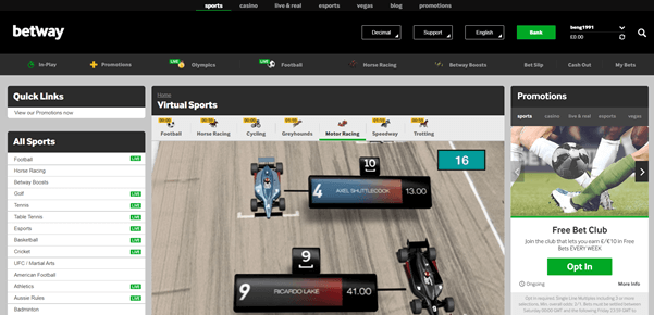 A Closer Look At Our Best Virtual Motor Sports Betting Sites So, who has made it to our final countdown of the grandest of virtual grand prix’s? Not only do our picks here represent a great virtual motor racing experience but are also some of our absolute favourite operators all round, with not only plenty more amazing virtual sports options but tons of incredible markets, and in many cases casino and online poker options, for you to check out. Without further ado, here’s the best of the best. 1. Betway Virtual Motor RacingA Closer Look At Our Best Virtual Motor Sports Betting Sites So, who has made it to our final countdown of the grandest of virtual grand prix’s? Not only do our picks here represent a great virtual motor racing experience but are also some of our absolute favourite operators all round, with not only plenty more amazing virtual sports options but tons of incredible markets, and in many cases casino and online poker options, for you to check out. Without further ado, here’s the best of the best. 1. Betway's Virtual Motor Racing