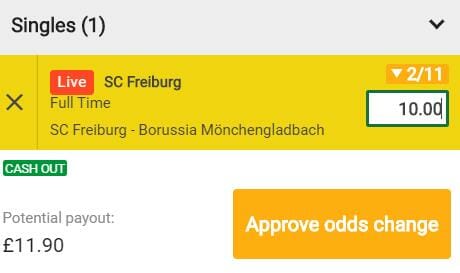 Mr Green betslip showing £10 stake on live SC Freiburg at odds of 2/11