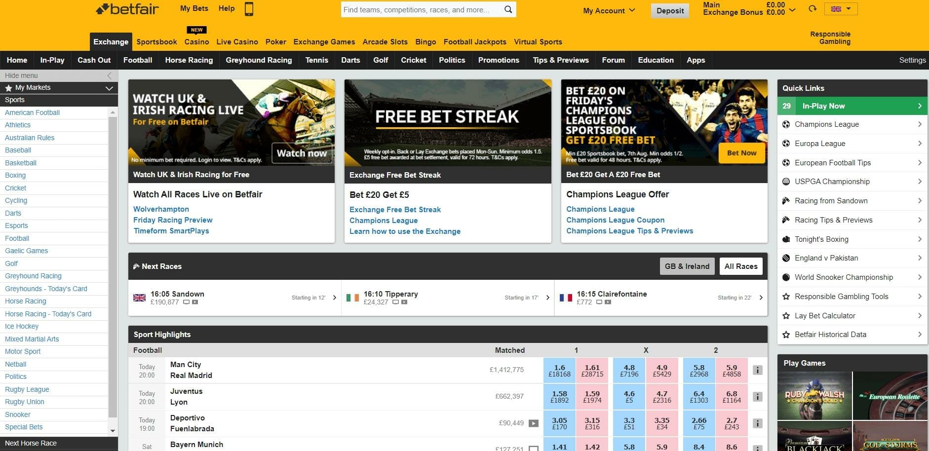 Betfair Exchange page showing odds for Sports Highlights markets