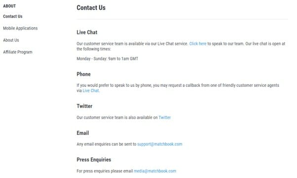 Matchbook Customer Support Screenshot