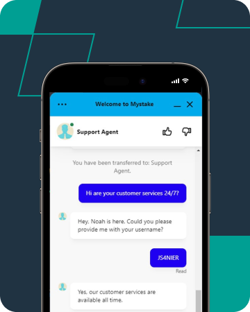 Screenshot of a live chat with a MyStake support agent.