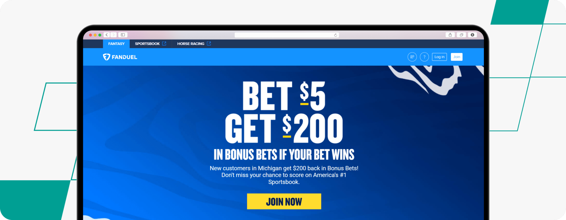 Screenshot of FanDuel Bet $5 Get $200 In Bonus Bets If Your Bet Wins Promo Page.