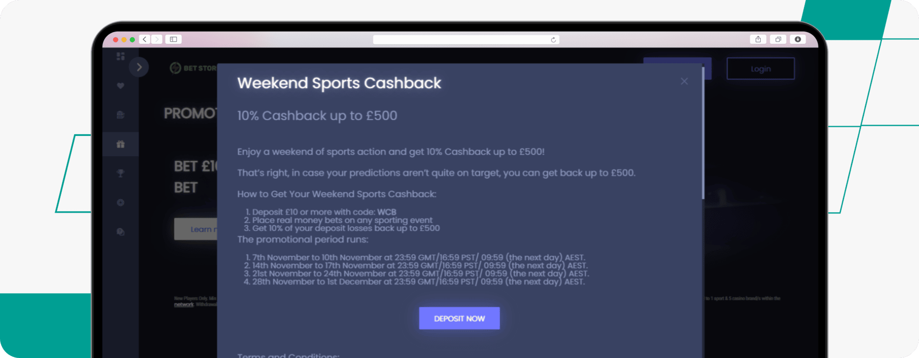 screenshot of betstorm's weekend sports cashback offer