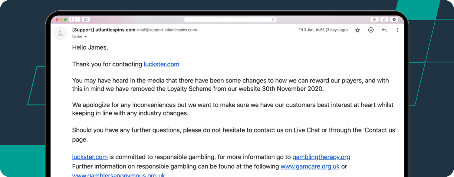 Luckster customer suppost email